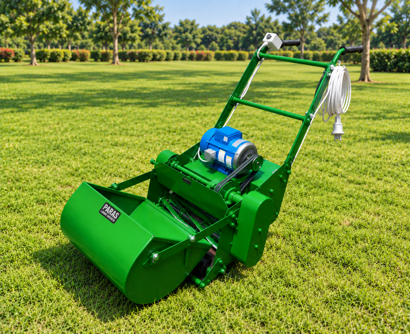Heavy duty electric lawn mower India — Crompton 2–3HP, 20 inch commercial deck, Paras Engg. Works